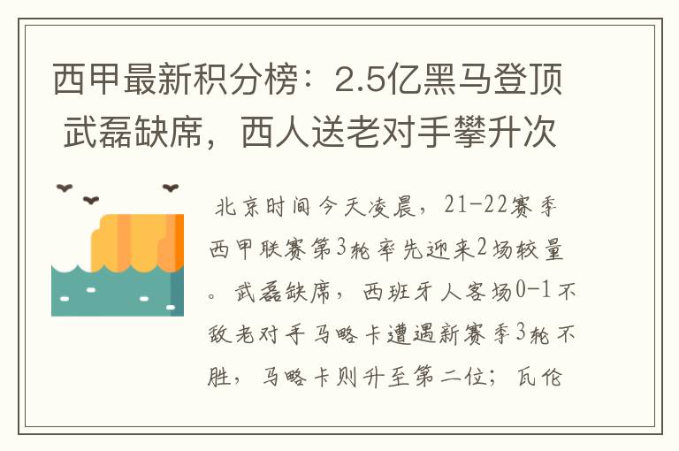 西甲最新积分榜:2.5亿黑马登顶 武磊缺席,西人送老对手攀升次席