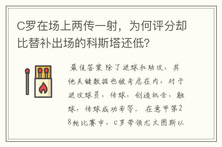 C罗在场上两传一射,为何评分却比替补出场的科斯塔还低?