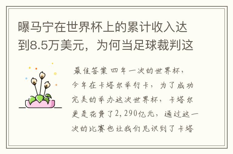 曝马宁在世界杯上的累计收入达到8.5万美元,为何当足球裁判这么赚钱?