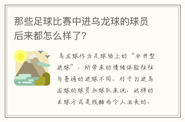 那些足球比赛中进乌龙球的球员后来都怎么样了?