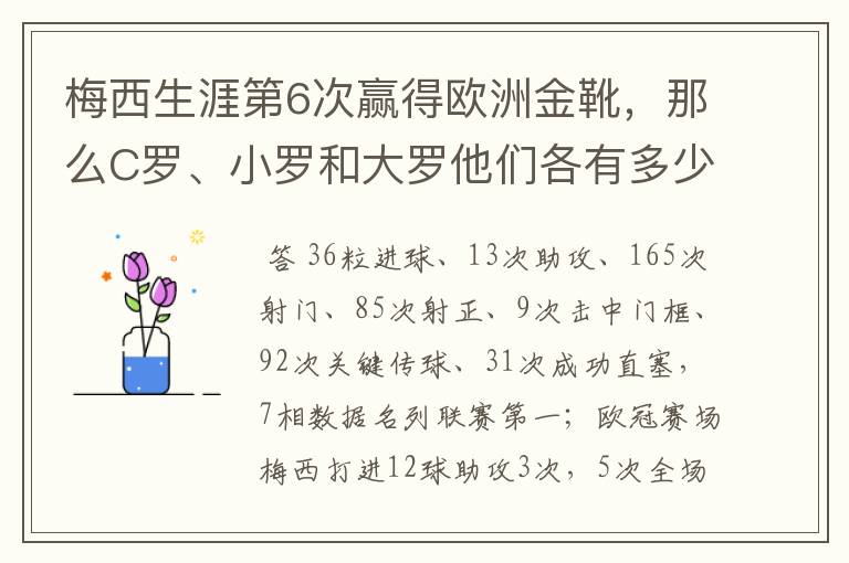 梅西生涯第6次赢得欧洲金靴，那么C罗、小罗和大罗他们各有多少次？