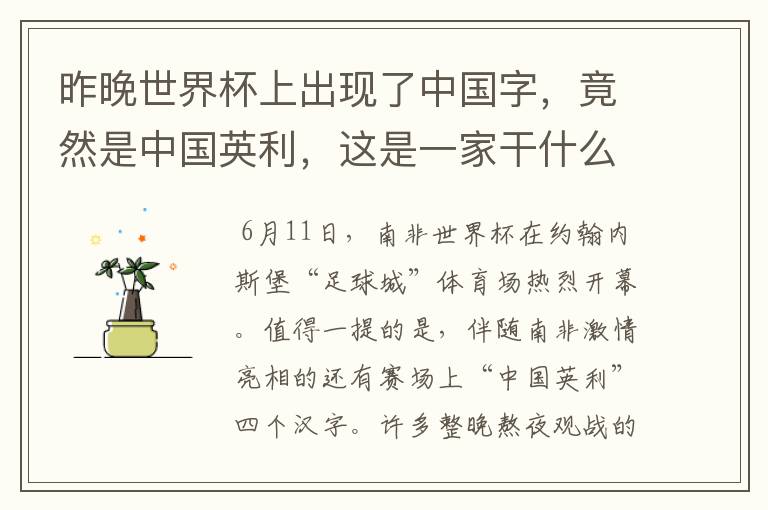 昨晚世界杯上出现了中国字,竟然是中国英利,这是一家干什么的公司啊?