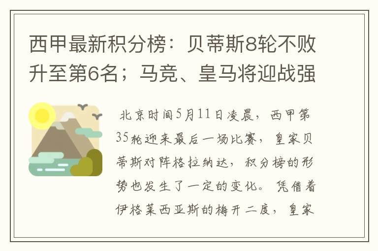 西甲最新积分榜:贝蒂斯8轮不败升至第6名;马竞、皇马将迎战强敌
