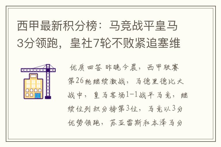 西甲最新积分榜：马竞战平皇马3分领跑，皇社7轮不败紧追塞维