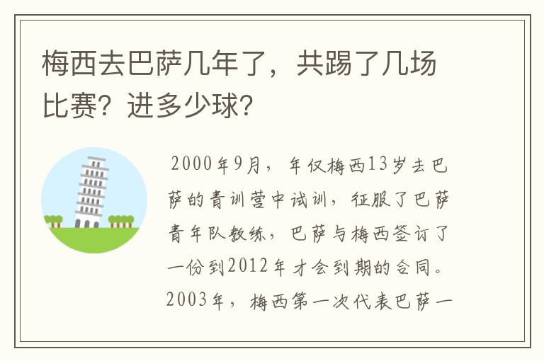 梅西去巴萨几年了,共踢了几场比赛?进多少球?