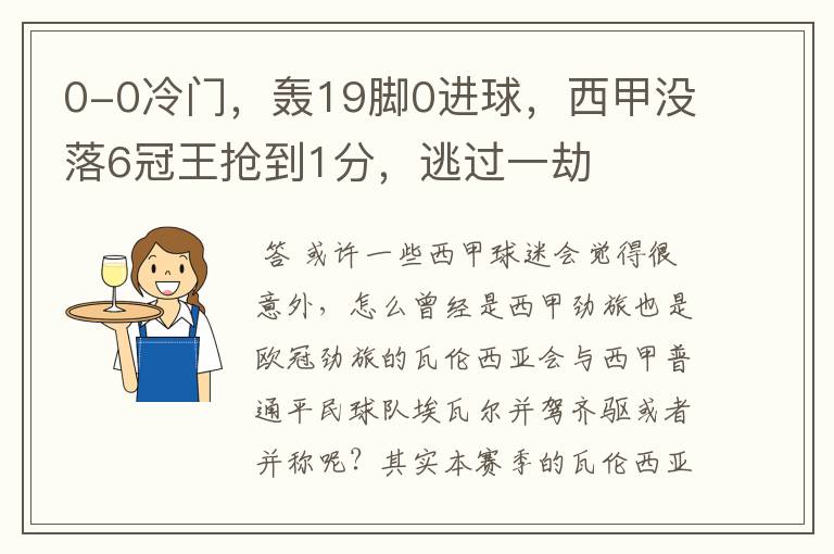 0-0冷门,轰19脚0进球,西甲没落6冠王抢到1分,逃过一劫