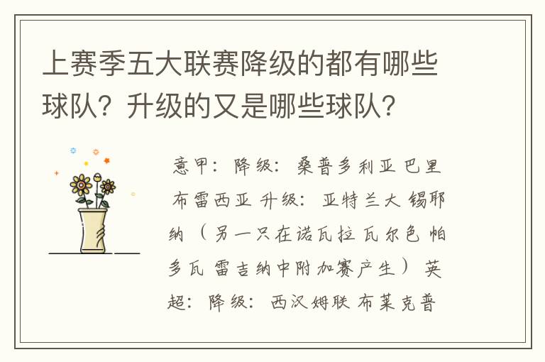 上赛季五大联赛降级的都有哪些球队?升级的又是哪些球队?