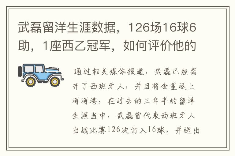 武磊留洋生涯数据,126场16球6助,1座西乙冠军,如何评价他的表现?
