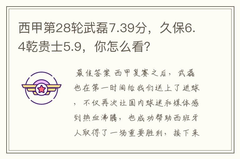 西甲第28轮武磊7.39分,久保6.4乾贵士5.9,你怎么看?