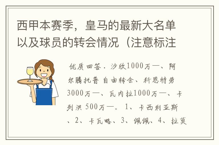 西甲本赛季,皇马的最新大名单以及球员的转会情况(注意标注球员身价)