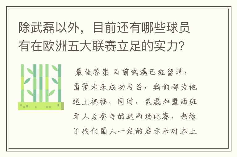 除武磊以外,目前还有哪些球员有在欧洲五大联赛立足的实力?