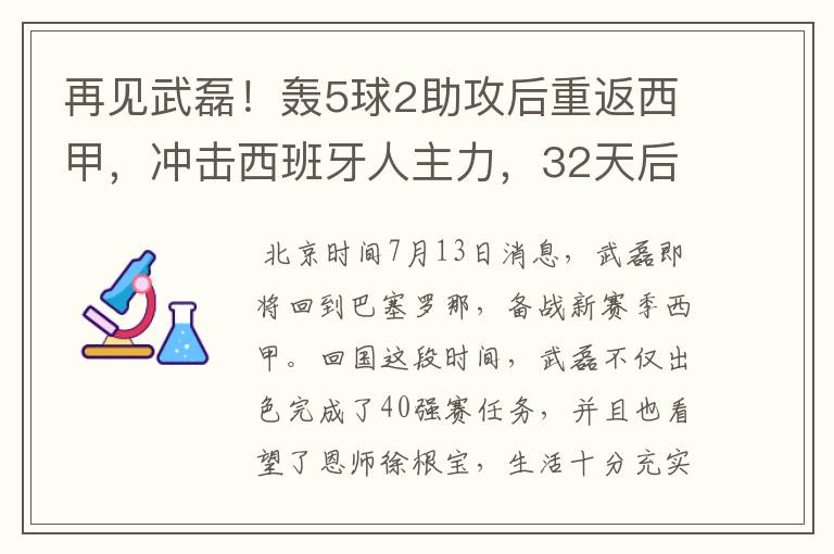 再见武磊!轰5球2助攻后重返西甲,冲击西班牙人主力,32天后首秀