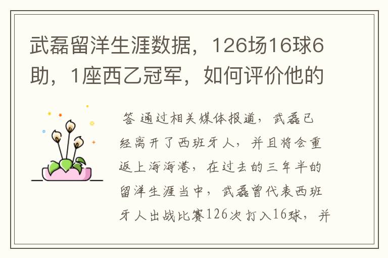 武磊留洋生涯数据,126场16球6助,1座西乙冠军,如何评价他的表现?