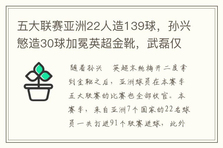 五大联赛亚洲22人造139球,孙兴慜造30球加冕英超金靴,武磊仅1球