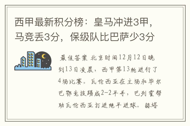 西甲最新积分榜:皇马冲进3甲,马竞丢3分,保级队比巴萨少3分