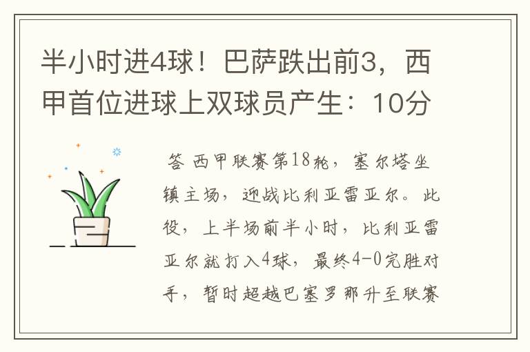 半小时进4球!巴萨跌出前3,西甲首位进球上双球员产生:10分