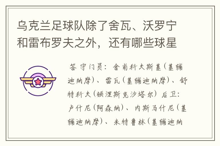 乌克兰足球队除了舍瓦、沃罗宁和雷布罗夫之外,还有哪些球星