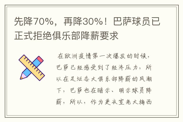 先降70%,再降30%!巴萨球员已正式拒绝俱乐部降薪要求
