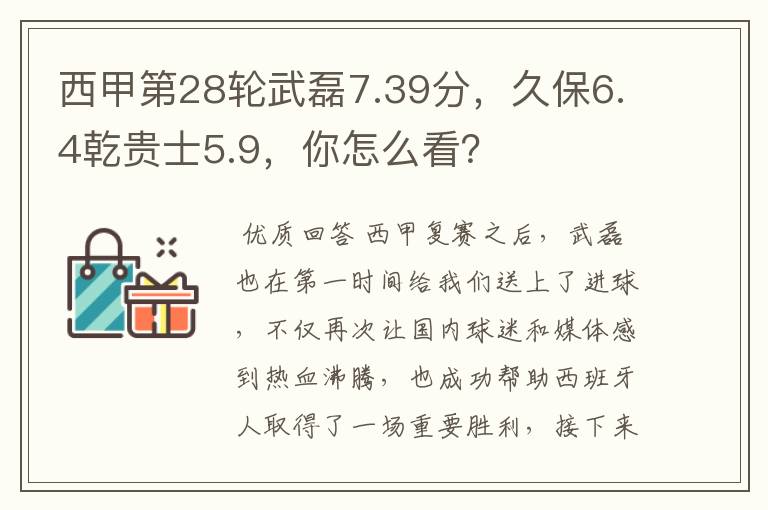西甲第28轮武磊7.39分,久保6.4乾贵士5.9,你怎么看?