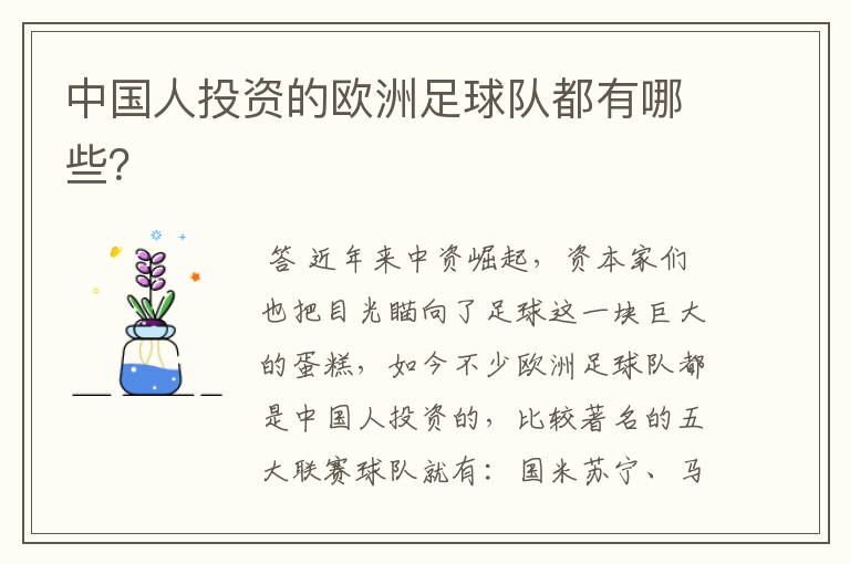 中国人投资的欧洲足球队都有哪些?