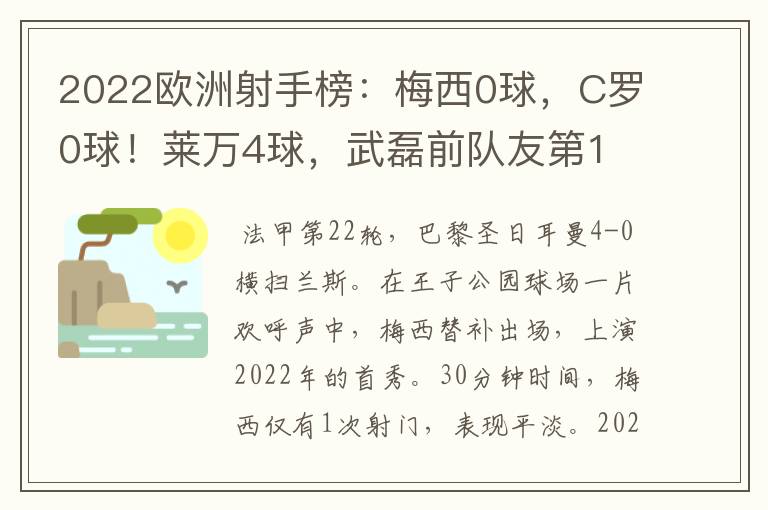 2022欧洲射手榜:梅西0球,C罗0球!莱万4球,武磊前队友第1