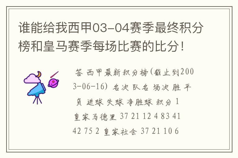 谁能给我西甲03-04赛季最终积分榜和皇马赛季每场比赛的比分!