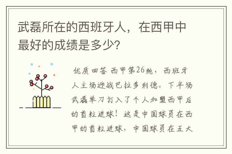 武磊所在的西班牙人,在西甲中最好的成绩是多少?