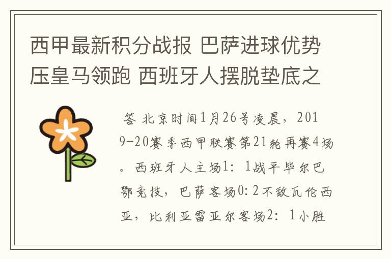 西甲最新积分战报 巴萨进球优势压皇马领跑 西班牙人摆脱垫底之位