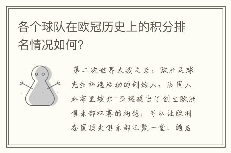 各个球队在欧冠历史上的积分排名情况如何?