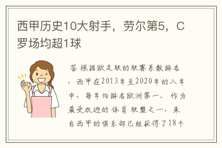 西甲历史10大射手,劳尔第5,C罗场均超1球