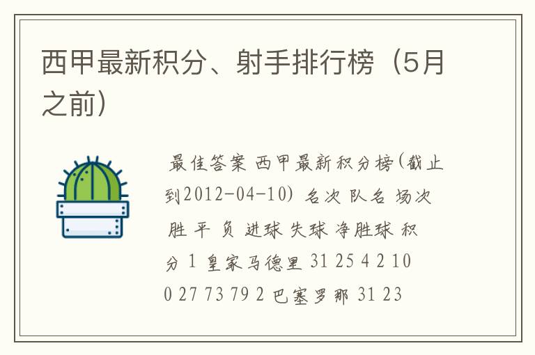 西甲最新积分、射手排行榜(5月之前)