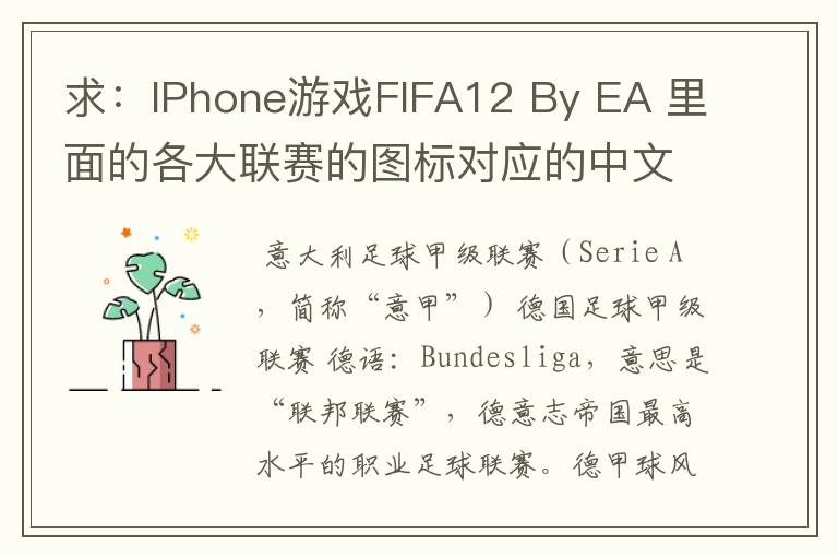 求:IPhone游戏FIFA12 By EA 里面的各大联赛的图标对应的中文名称 例如:Liga BBVA 西甲