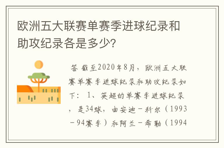 欧洲五大联赛单赛季进球纪录和助攻纪录各是多少?