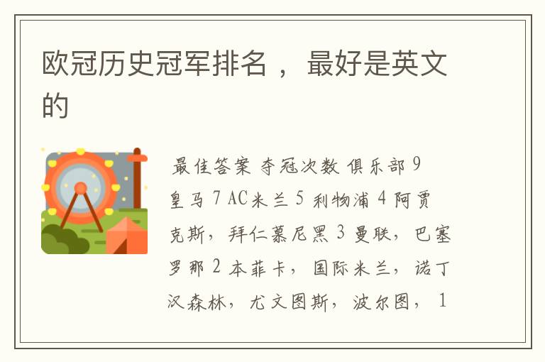 欧冠历史冠军排名 ,最好是英文的