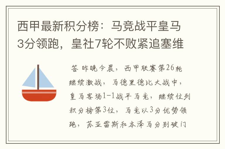 西甲最新积分榜:马竞战平皇马3分领跑,皇社7轮不败紧追塞维