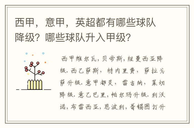 西甲,意甲,英超都有哪些球队降级?哪些球队升入甲级?