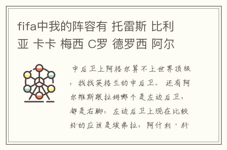 fifa中我的阵容有 托雷斯 比利亚 卡卡 梅西 C罗 德罗西 阿尔维斯 拉姆 卢西奥 阿格尔,4-1-2-1-2。