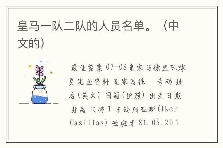 皇马一队二队的人员名单。(中文的)