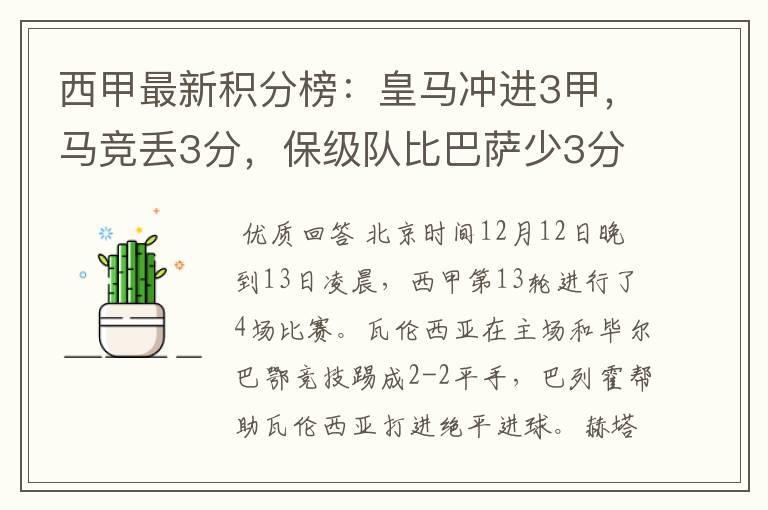 西甲最新积分榜:皇马冲进3甲,马竞丢3分,保级队比巴萨少3分
