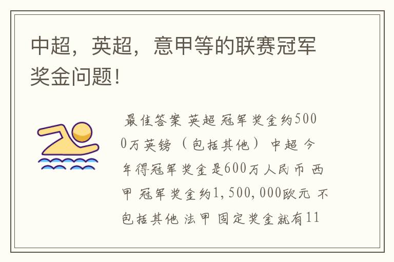 中超，英超，意甲等的联赛冠军奖金问题！