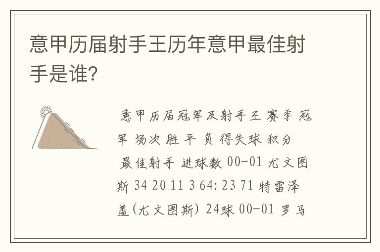 意甲历届射手王历年意甲最佳射手是谁?