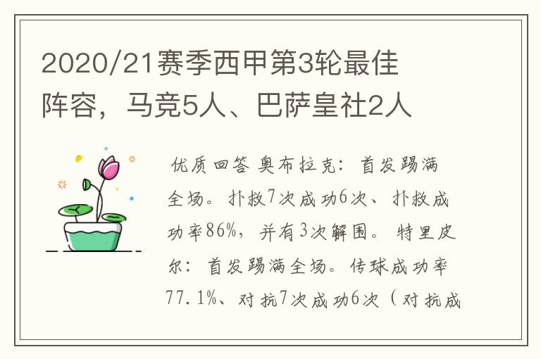 2020/21赛季西甲第3轮最佳阵容,马竞5人、巴萨皇社2人
