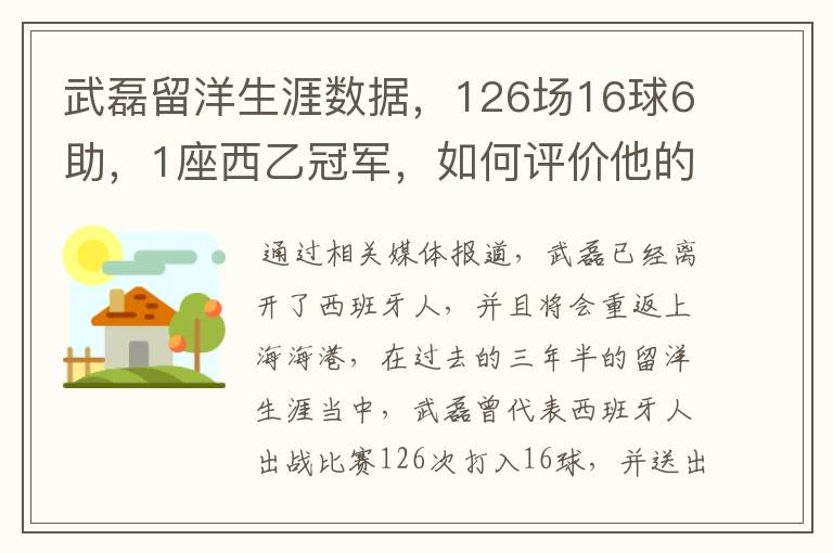 武磊留洋生涯数据,126场16球6助,1座西乙冠军,如何评价他的表现?