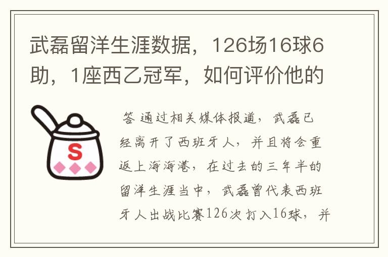 武磊留洋生涯数据,126场16球6助,1座西乙冠军,如何评价他的表现?