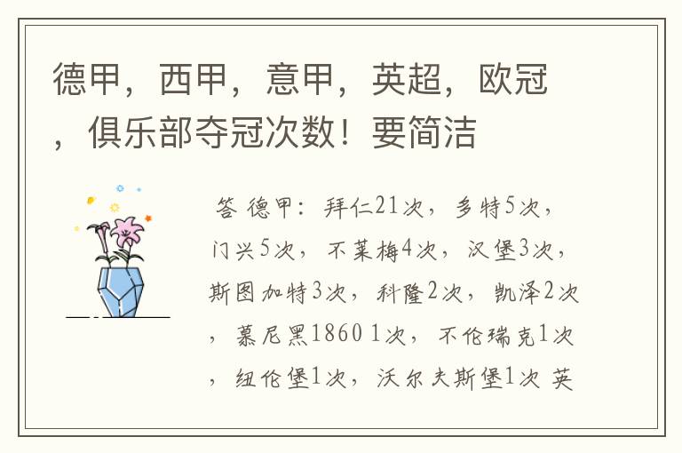 德甲,西甲,意甲,英超,欧冠,俱乐部夺冠次数!要简洁