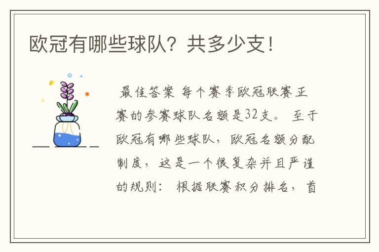 欧冠有哪些球队?共多少支!