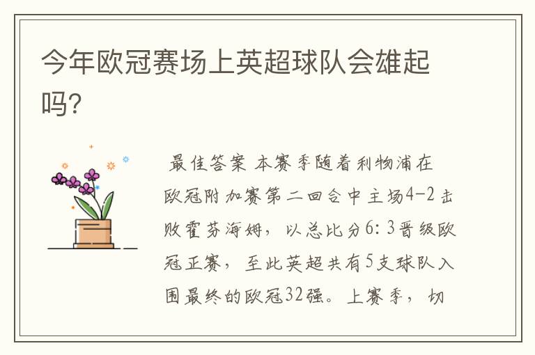 今年欧冠赛场上英超球队会雄起吗?
