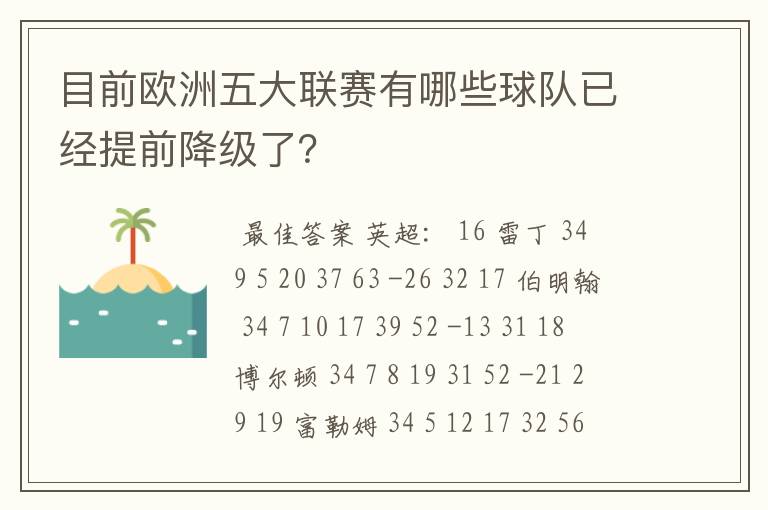 目前欧洲五大联赛有哪些球队已经提前降级了?