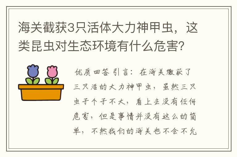 海关截获3只活体大力神甲虫,这类昆虫对生态环境有什么危害?