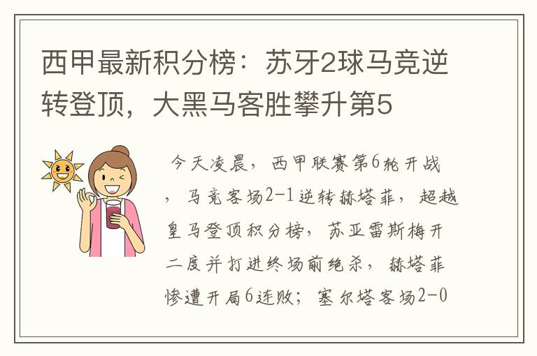 西甲最新积分榜:苏牙2球马竞逆转登顶,大黑马客胜攀升第5